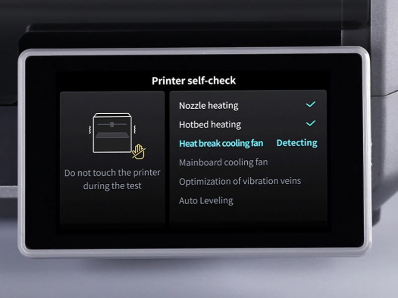 The straightforward UI of the K1 Max printer, with the self-test tab displayed